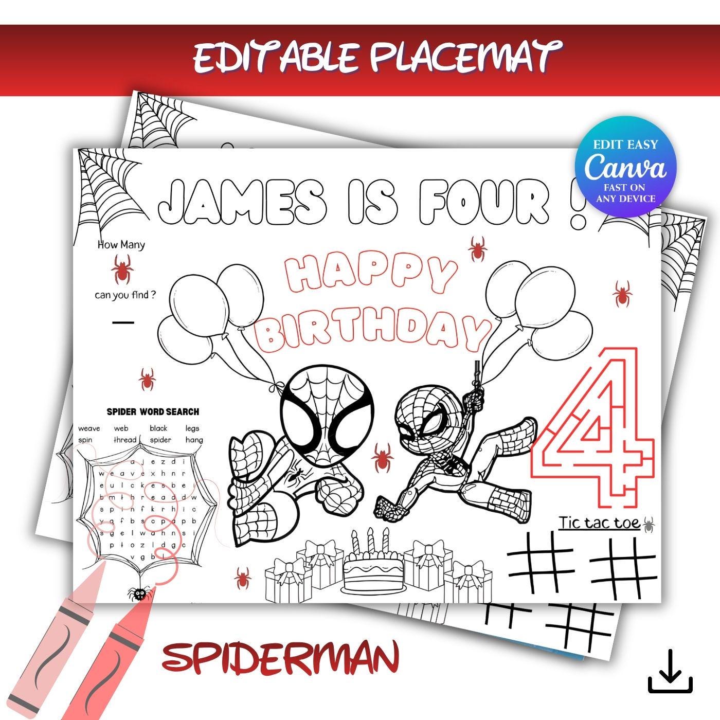 Editable Spiderman Birthday Coloring Placemat | Personalized Spiderman ...
