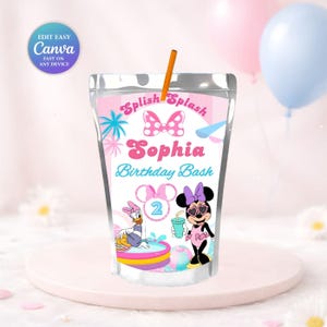 May include: A personalized juice pouch with a pink and white striped background, featuring the text "Splish Splash Sophia Birthday Bash". Minnie Mouse and Daisy Duck are illustrated on the pouch. Includes an orange straw.