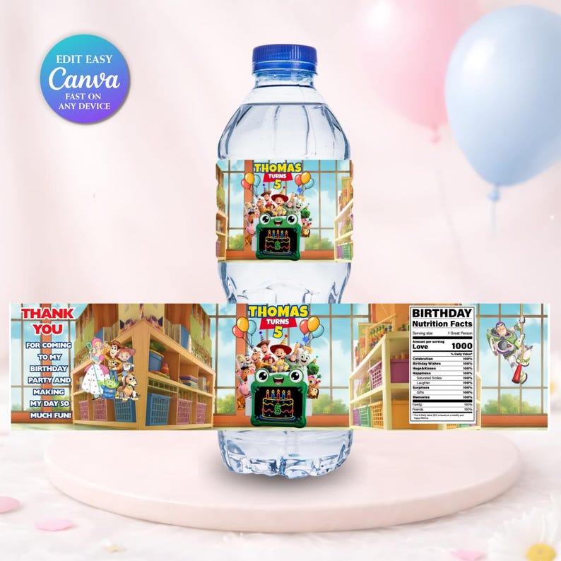 May include: A clear plastic water bottle with a custom label featuring Toy Story characters, a green toy box with a birthday cake, and the text Thomas Turns 5. The label includes a thank you message and a birthday nutrition facts panel.