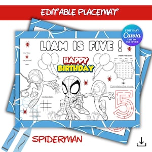 Puede incluir: Un mantel individual con temática de Spiderman con el texto "LIAM IS FIVE!" y "HAPPY BIRTHDAY". El mantel individual presenta personajes de Spiderman, globos, un laberinto y una búsqueda de palabras. También son visibles las palabras "EDITABLE PLACEMAT" y "SPIDERMAN".