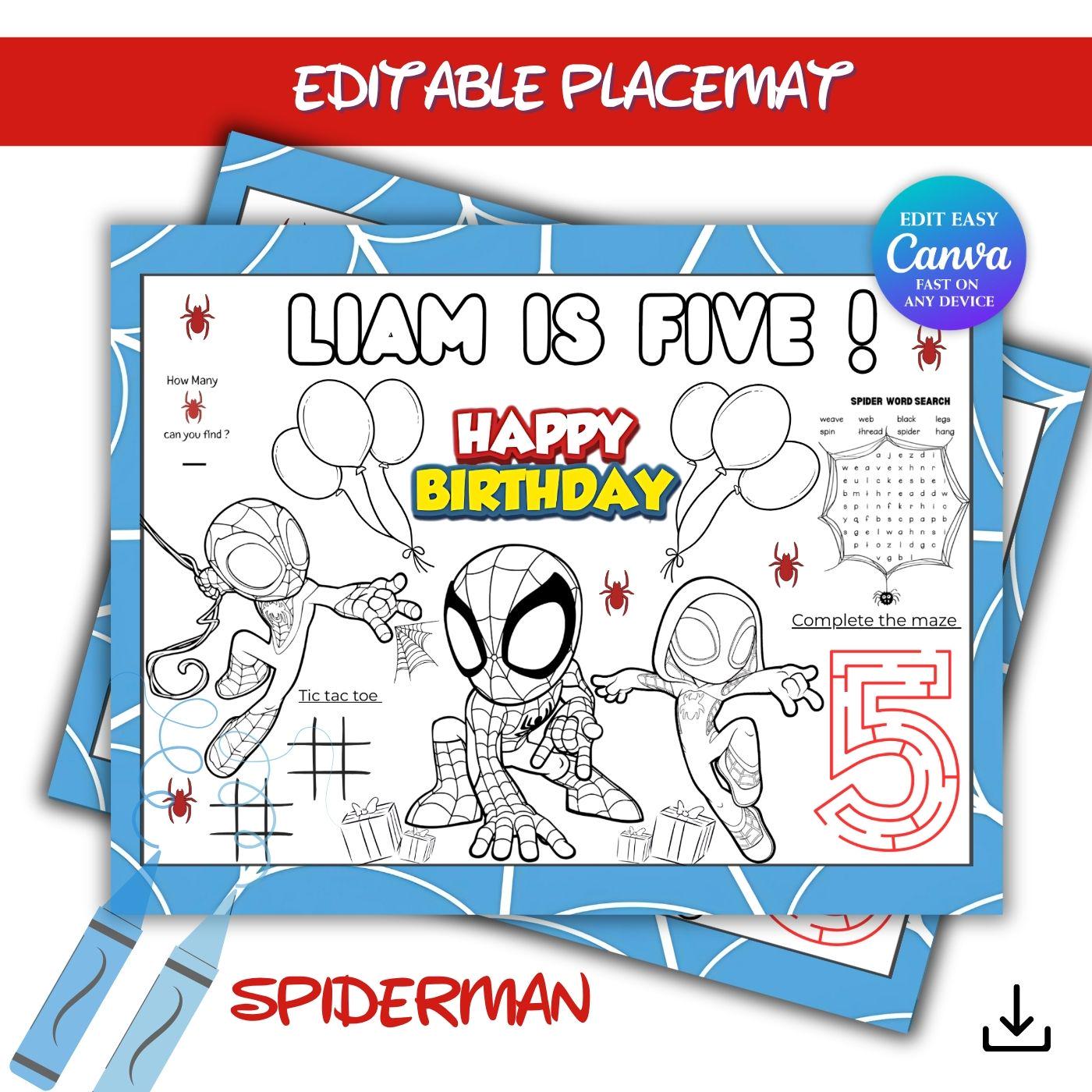 Editable Spiderman Birthday Coloring Placemat | Personalized Spiderman ...