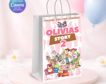 Bolsa de regalo de Toy Story para fiestas / Bolsa de dulces de Toy Story / Plantilla editable para fiestas de Toy Story / Bolsa de dulces rosa de Toy Story / Es una historia de chicas