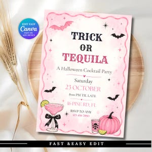 Op de afbeelding: Een roze Halloween-feestuitnodiging met de tekst Trick or Tequila, A Halloween Cocktail Party, Saturday 23 October, 8:00 PM TIL LATE, 16 Pine Rd, FL, en RSVP to Amy 123-456-7890, versierd met vleermuizen, sterren, een cocktail en een pompoen.