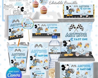Festa do Mickey Mouse | Primeiro Aniversário do Mickey Roadster | Pacote de Aniversário Editável para o Primeiro Aniversário | Chá de Bebê do Mickey | Kit Completo para Festa