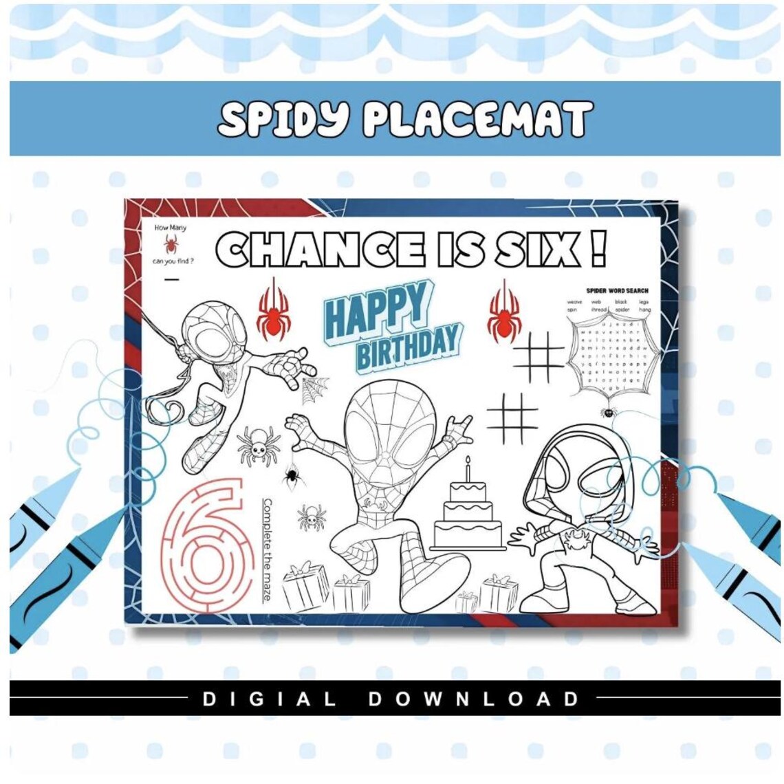 Editable Spiderman Birthday Coloring Placemat | Personalized Spiderman ...