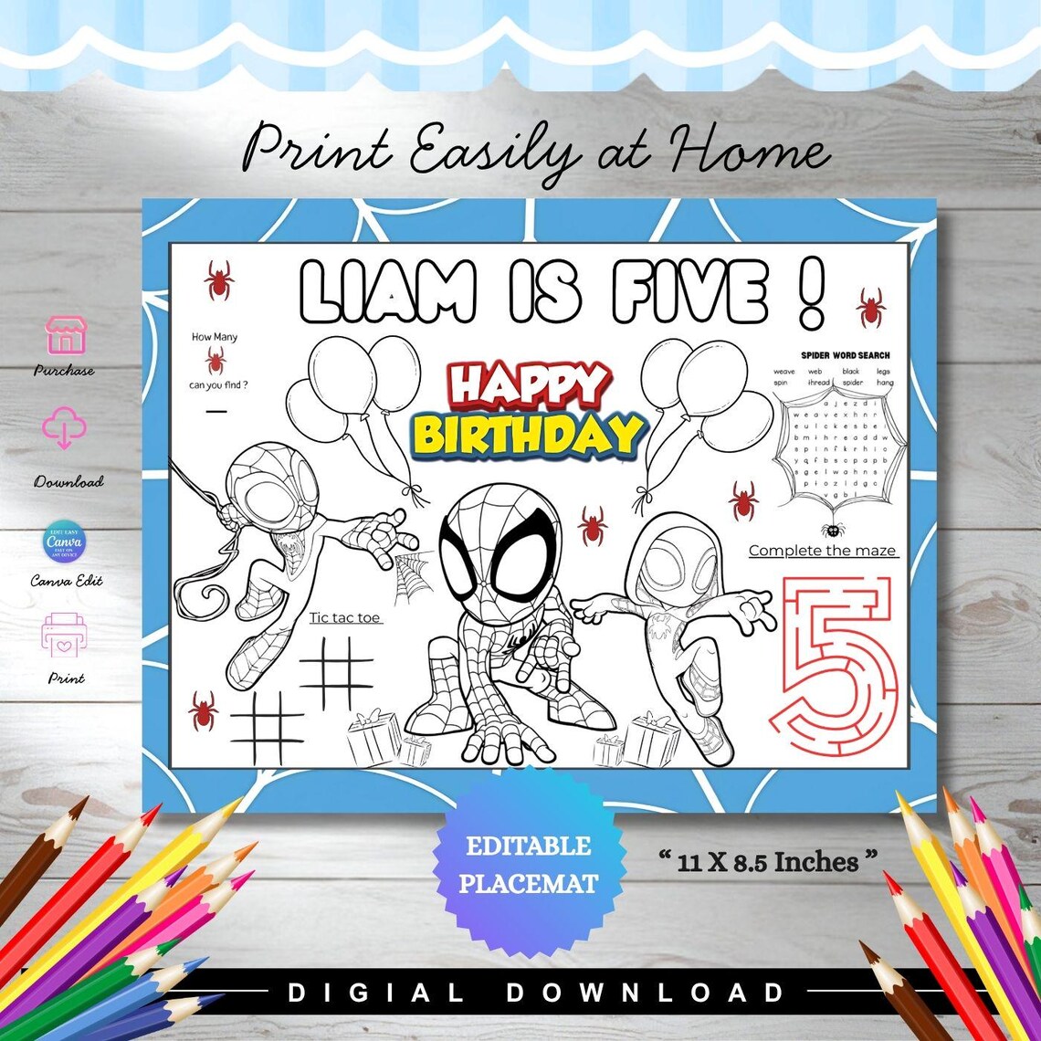 Editable Spiderman Birthday Coloring Placemat | Personalized Spiderman ...