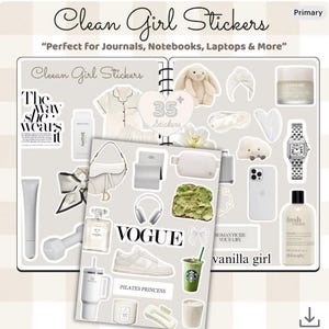 Op de afbeelding: Een vel met "Clean Girl" stickers met diverse lifestyle-items. De stickers bevatten een konijn, huidverzorgingsproducten, een horloge, een telefoon, een handtas, een koptelefoon, een Starbucks-drankje en het Vogue-logo. De tekst "Clean Girl Stickers" is zichtbaar.
