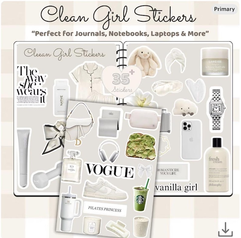 Op de afbeelding: Een vel met "Clean Girl" stickers met diverse lifestyle-items. De stickers bevatten een konijn, huidverzorgingsproducten, een horloge, een telefoon, een handtas, een koptelefoon, een Starbucks-drankje en het Vogue-logo. De tekst "Clean Girl Stickers" is zichtbaar.
