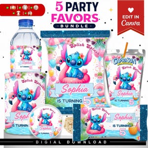 May include: A party favor bundle featuring a water bottle, chip bag, juice pouch, candy bar wrapper, and circular label. Each item displays a blue alien character on a pink flamingo float, the text 'Splish Splash', 'Sophia IS TURNING 5'.