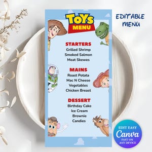 Puede incluir: Un menú azul claro con el texto "TOYS MENU" y personajes de dibujos animados. El menú enumera entrantes, platos principales y postres. El texto "EDITABLE MENU" está en la parte superior derecha. El logotipo de Canva está en la parte inferior derecha.