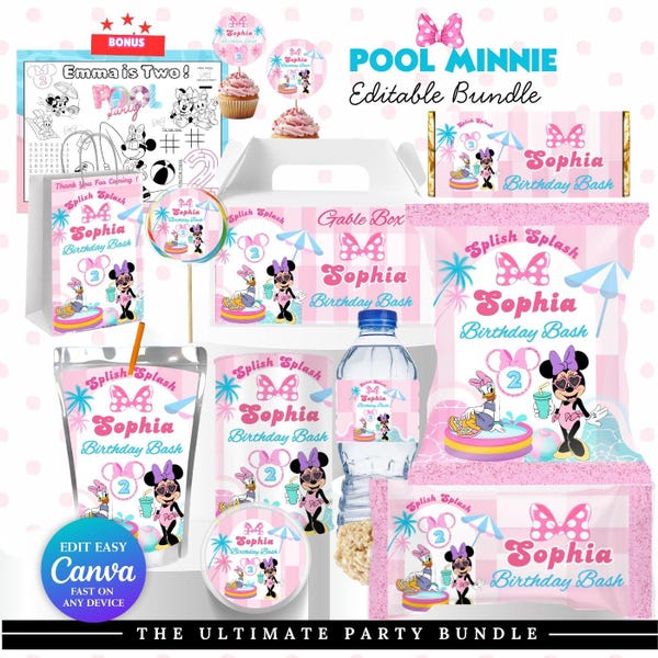Minnie Pool Party Birthday bundle Minnie mouse bowtique | Mickey mouse clubhouse | Minnie daisy Birthday Editable Minnie Party Favors Bonus