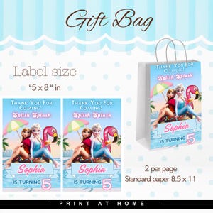 Pu&ograve; includere: Un design per sacchetto regalo stampabile con due personaggi animati su un salvagente con un fenicottero e un ombrellone. Il testo recita Thank You For Coming, Splish Splash, Sophia Is Turning 5. La dimensione dell'etichetta &egrave; 12,7 x 20,3 cm.