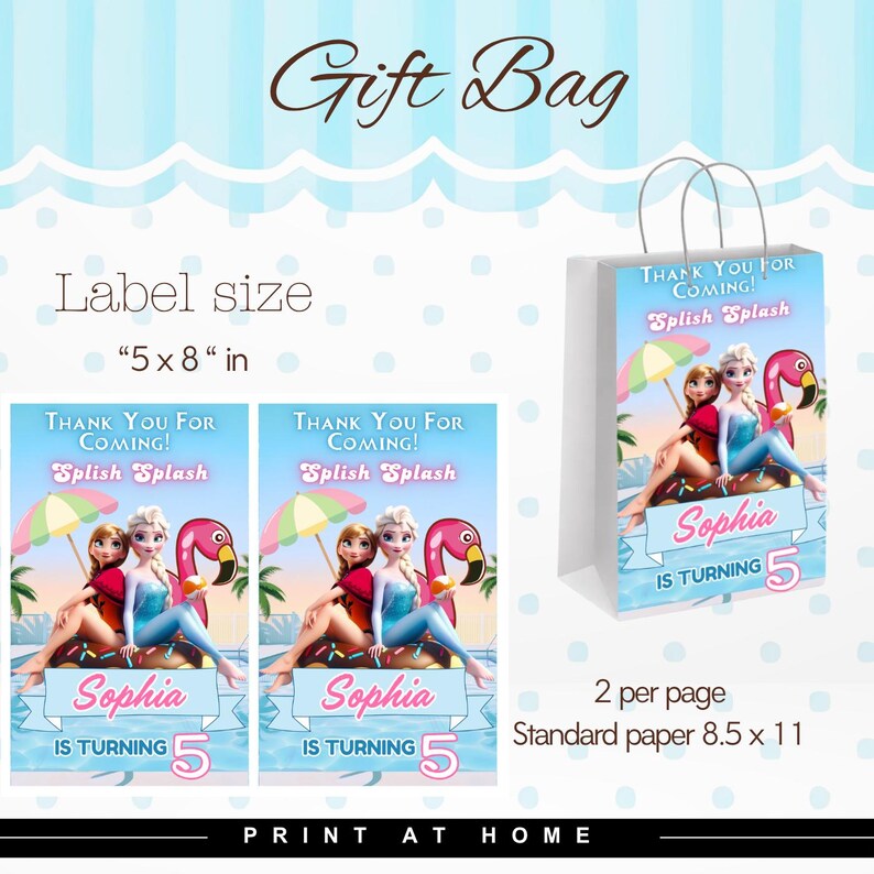 Pu&ograve; includere: Un design per sacchetto regalo stampabile con due personaggi animati su un salvagente con un fenicottero e un ombrellone. Il testo recita Thank You For Coming, Splish Splash, Sophia Is Turning 5. La dimensione dell'etichetta &egrave; 12,7 x 20,3 cm.