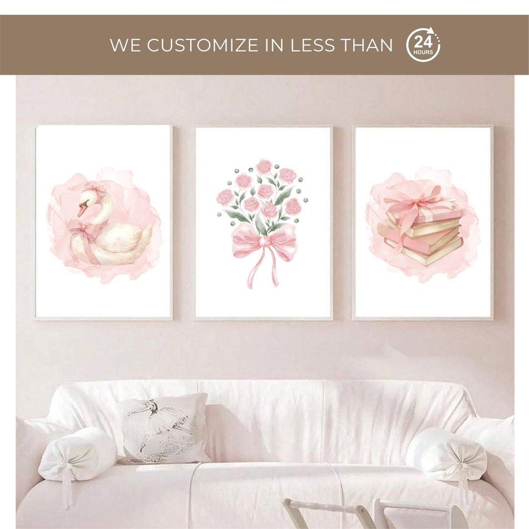 Trendy Pink Bows Wall Art Print Set, Coquette Coquette Swan Wall Art ...