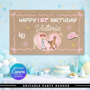 *Custom birthday banner with western-themed characters, soft pink farmhouse style, personalized celebration sign, Canva editable file, and printable wall decoration for kids' parties.
