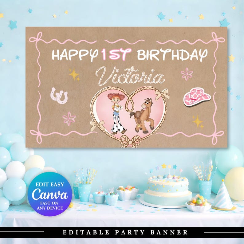 *Custom birthday banner with western-themed characters, soft pink farmhouse style, personalized celebration sign, Canva editable file, and printable wall decoration for kids' parties.