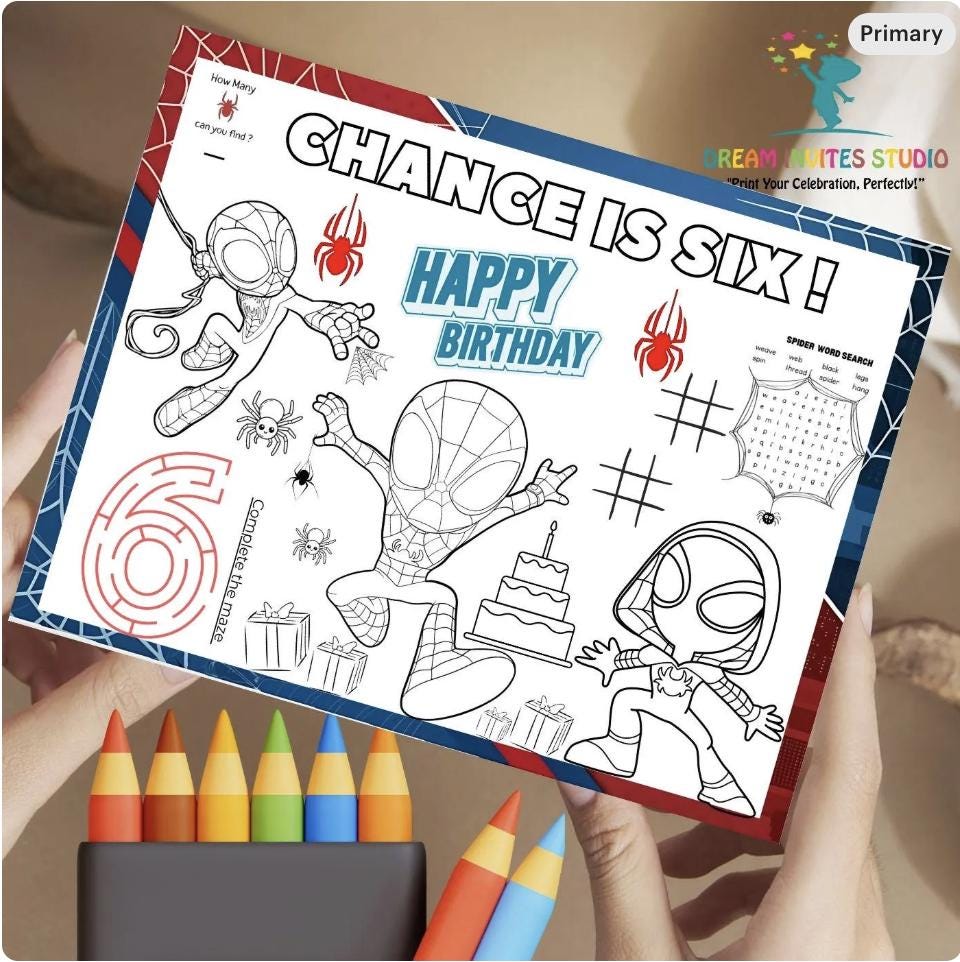 Editable Spiderman Birthday Coloring Placemat | Personalized Spiderman ...