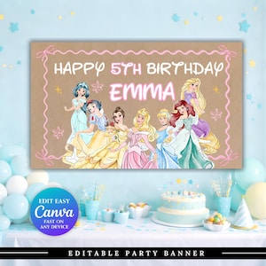 Princess Birthday Banner Template | Princess Backdrop  | Hand Painted Banner | Editable Banner Princess | (Instant Download)