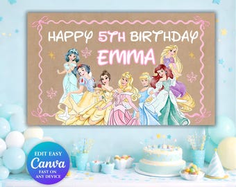 Prinzessin Geburtstag Banner Vorlage | Prinzessin Hintergrund | Handbemalte Girlande Editierbare Banner Prinzessin | (Instant Download)