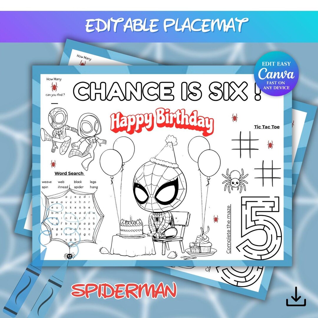 Editable Spiderman Birthday Coloring Placemat | Personalized Spiderman ...