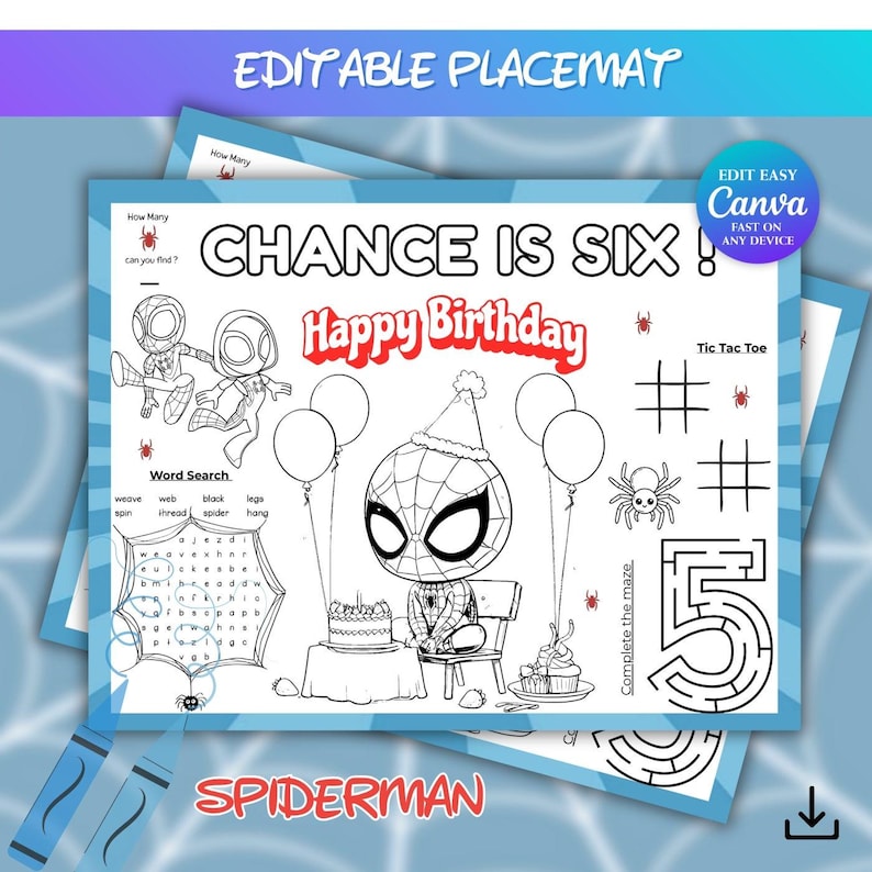 Editable Spiderman Birthday Coloring Placemat | Personalized Spiderman ...