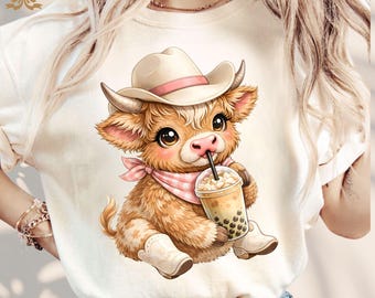 Highland Cow png Boba amateur de café | Graphiques de vache | Clipart animaux de la ferme | Téléchargement numérique | Cow-girl png | Art tendance vache