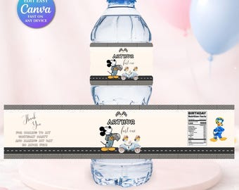 Garrafa de água para festa do Mickey Mouse | Aniversário de 1 ano do Mickey Roadster | Pacote de aniversário editável para o primeiro aniversário | Chá de bebê do Mickey