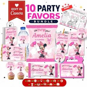 Pode incluir: Um conjunto de lembrancinhas de festa com tema da Minnie Mouse em rosa e branco para o segundo aniversário da Amelia. Inclui uma sacola de presente, rótulo de garrafa de água, saco de salgadinhos, sachê de suco, embalagens e uma caixa.