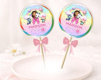 ギャビーレインボーバースデーパーティーロリポップ｜編集可能なCanvaテンプレート｜ギャビードールハウステーマパーティー｜キャンディラベル