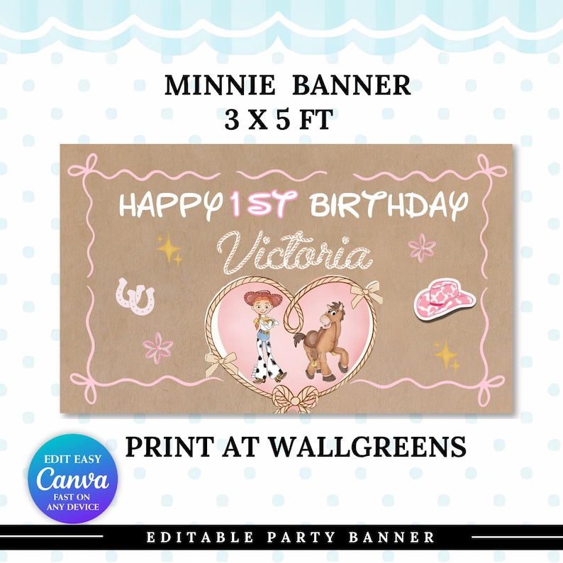 Editable Minnie Cowgirl birthday banner featuring pink western party decor with personalized name and age, printable 3x5 ft Canva template for a girl's first birthday celebration.