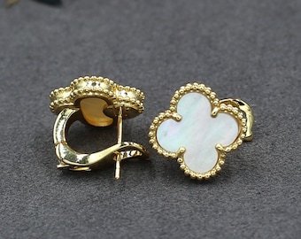 925 Silver Plated With 18K Gold 15mm Four Leaf Clover White Mother of Pearl Stud Earrings,Clover Jewelry