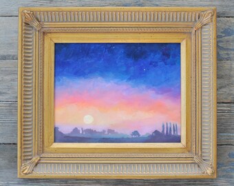 Sunset Painting, Landscape Gold Framed, Night Sky Star Sunrise Painting, Vibrant Blue Purpose Orange Yellow Pink Black Painting