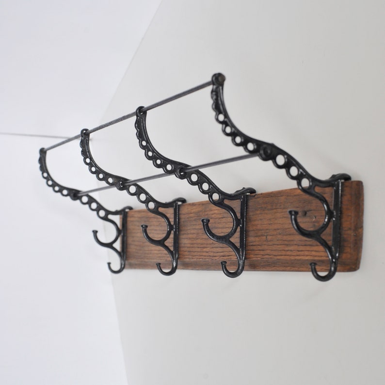 Antique Cast Iron and Wood WallMounted Coat and Hat Rack Etsy