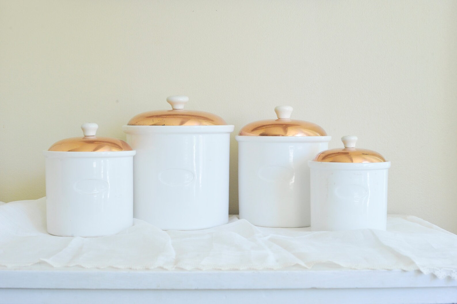 Set of Four Vintage Ceramic Canisters with Copper Lids and Etsy