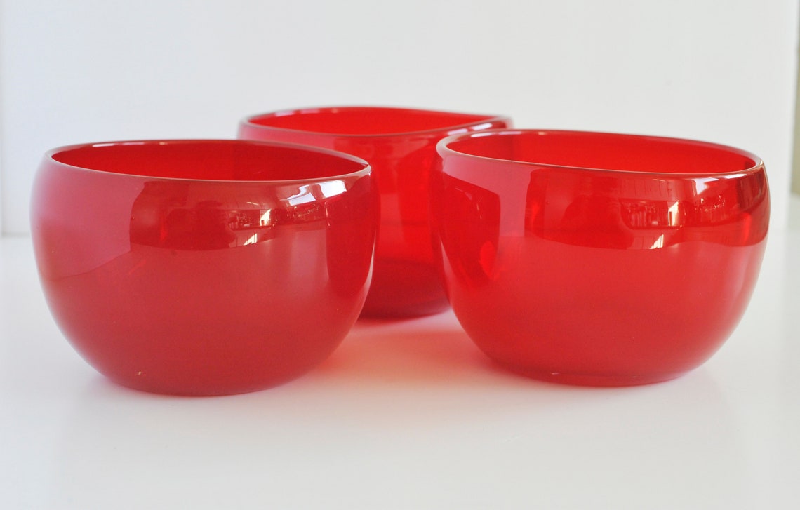 Three Vintage Hand Blown Red Glass Bowls Set of Three Art Etsy