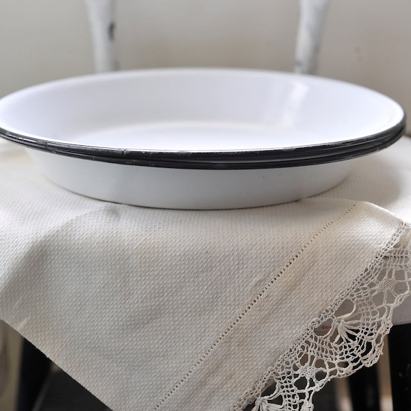 Two Vintage White Enamel Pie Pans Tins Plates with Black Trim Country Farmhouse Charm