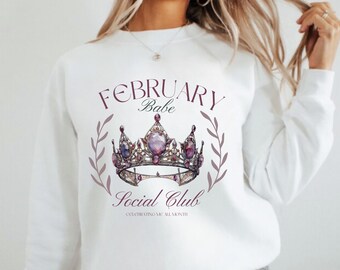 Februari Amethyst Social Club-sweater, gezellige ronde hals voor vrouwen, cadeau voor verjaardagen, Valentijnsdagkleding, verjaardagscadeau februari