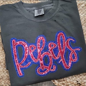 REBELS Sequin glitter htv T-shirt, crewneck Comfort Colors, sequin embroidery, Back to School, Teachers, spirit wear, mascot, school spirit