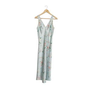 Abito sottoveste vintage Halston in raso floreale, camicia da notte blu da donna, taglia S