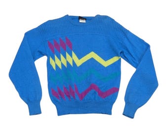 Maglione vintage Demetre in lana vergine, astratto e colorato, geometrico, stile sportivo anni '80, blu.