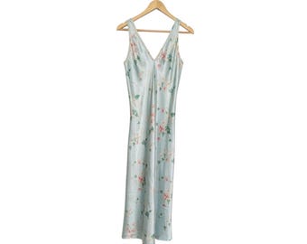 Sukienka nocna Vintage Halston Floral Satin Slip Dress w kolorze niebieskim, damska, rozmiar S