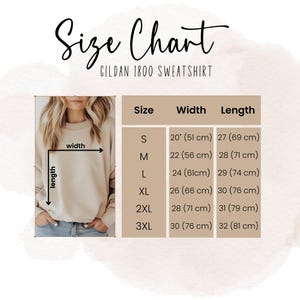 May include: Size chart for Gildan 1800 sweatshirt with measurements in inches and centimeters. The chart shows the width and length of the sweatshirt in sizes S, M, L, XL, 2XL, and 3XL.