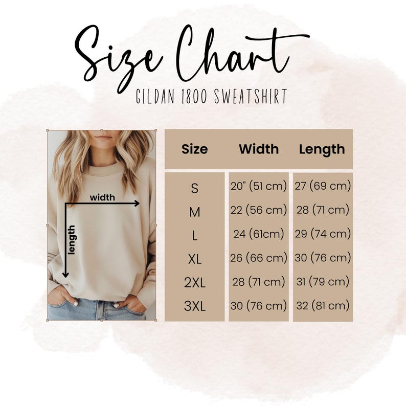 May include: Size chart for Gildan 1800 sweatshirt with measurements in inches and centimeters. The chart shows the width and length of the sweatshirt in sizes S, M, L, XL, 2XL, and 3XL.