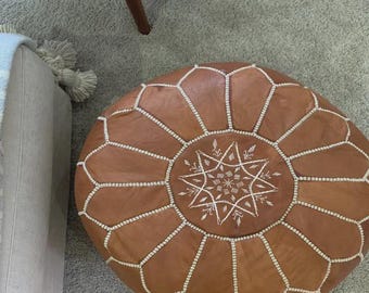 Boho Moroccan Leather Pouf – Medium Handmade Ottoman – Artisan Floor Pillow (Unfilled)