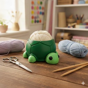 May include: A dark green turtle-shaped yarn bowl holding a ball of cream-coloured yarn. The turtle has a smooth shell, a light green head with black eyes, and four small feet. The bowl is surrounded by two skeins of yarn, scissors, and needles.