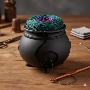 Witchy Cauldron Yarn Bowl, Crochet Yarn Holder with Guide for Witchcore Crafters
