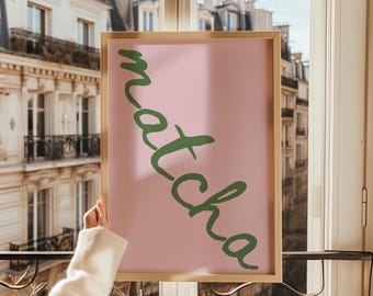 Matcha Kitchen väggkonsttryck, minimalistisk rosa, grönt te-konst, digital nedladdning i A4, A3, flera storlekar, kaffestation, present till matchaälskare