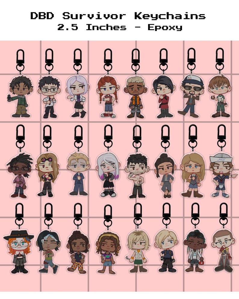 Puede incluir: Una colecci&oacute;n de llaveros de epoxi de 6,35 cm con varios dise&ntilde;os de personajes. Cada llavero tiene un cierre negro. El texto "DBD Survivor Keychains" est&aacute; en la parte superior.
