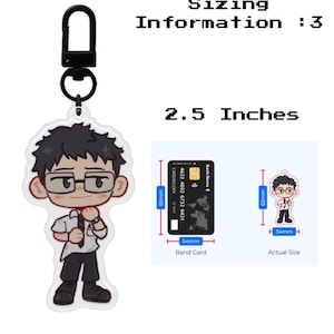 Puede incluir: Llavero acr&iacute;lico transparente con un personaje de dibujos animados con gafas, camisa blanca y corbata negra. El llavero mide 6,35 cm de largo y tiene un cierre de metal negro. La imagen tambi&eacute;n muestra informaci&oacute;n sobre el tama&ntilde;o.