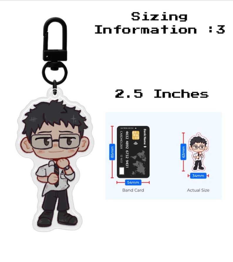Puede incluir: Llavero acr&iacute;lico transparente con un personaje de dibujos animados con gafas, camisa blanca y corbata negra. El llavero mide 6,35 cm de largo y tiene un cierre de metal negro. La imagen tambi&eacute;n muestra informaci&oacute;n sobre el tama&ntilde;o.